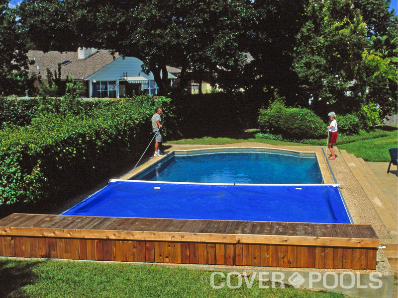 StepSaver Rectangle Blue Manual Pool Cover with Wood Bench CoverPools